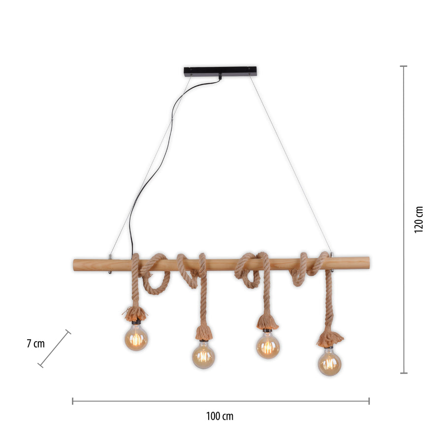 Suspension Rope 4 lumières marron, bois