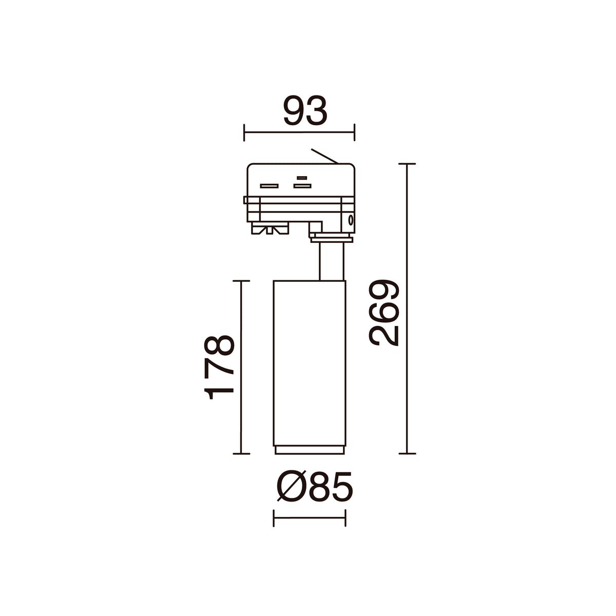 Schéma de dimensions du spot : longueur 269 mm, corps 178 mm et diamètre 85 mm.