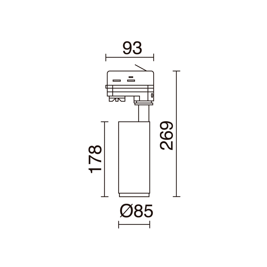 Schéma de dimensions du spot : longueur 269 mm, corps 178 mm et diamètre 85 mm.