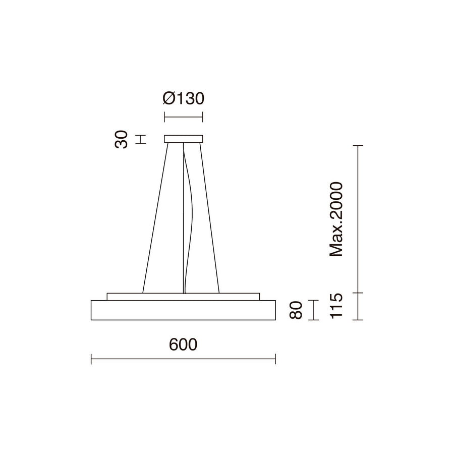 Schéma technique coté : diamètre 600 mm, hauteur 115 mm et suspension réglable