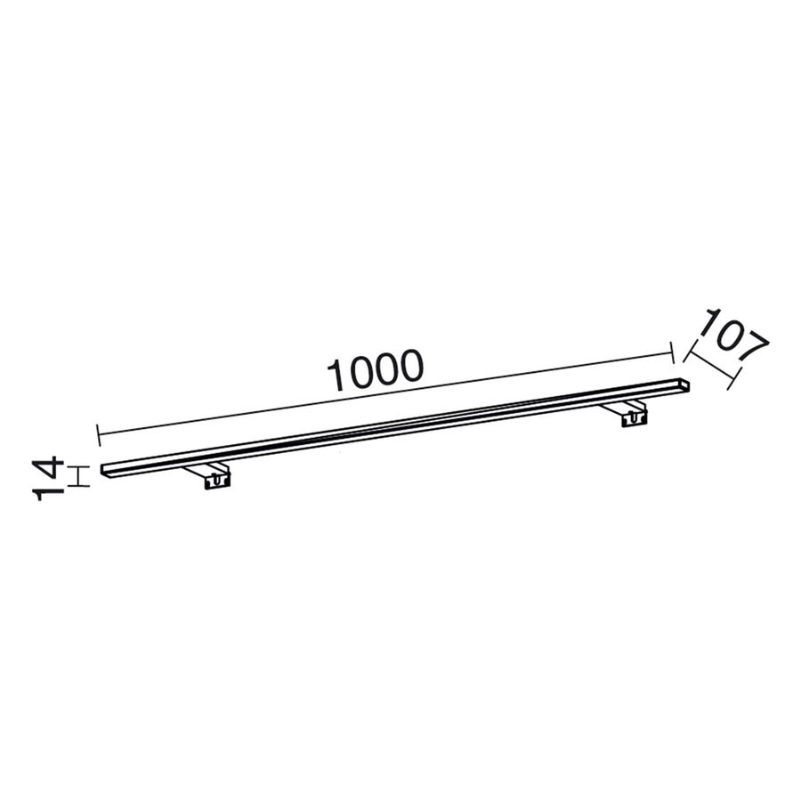 Schéma de dimensions de l'applique : longueur 1000 mm, profondeur 107 mm, hauteur 14 mm.