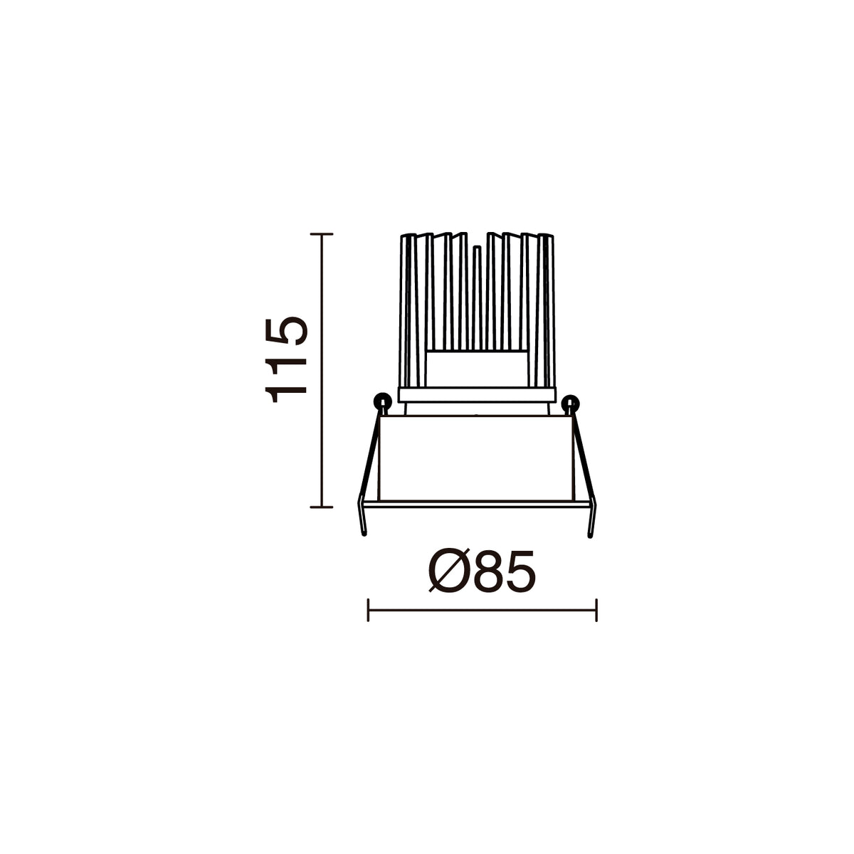 Schéma technique de profil côté : diamètre 85 mm et hauteur 115 mm