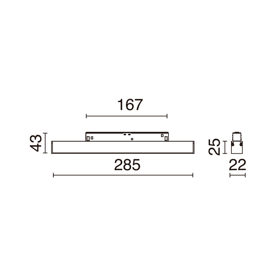 Plan coté du spot : longueur 285 mm, hauteur 43 mm et largeur 22 mm