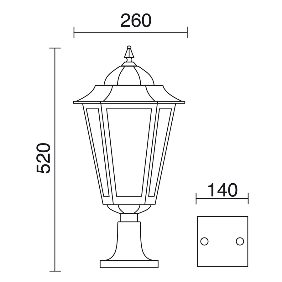 Schéma coté du luminaire : hauteur 520 mm, largeur 260 mm, base 140 mm.