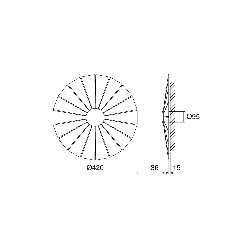 Schéma technique coté : diamètre 420 mm, profondeur 36 et 15 mm