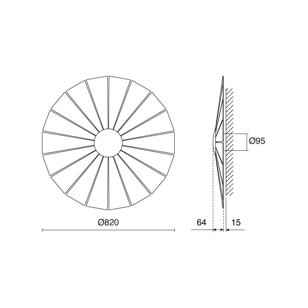 Schéma coté du luminaire : diamètre 820 mm, profondeur 64 mm, fixation murale 15 mm.
