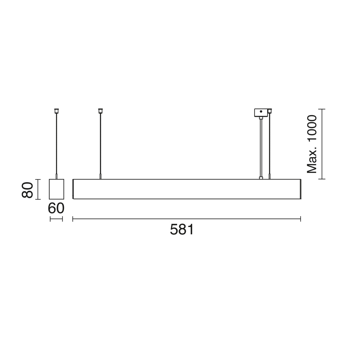 Schéma de dimensions avec longueur 581 mm, hauteur 80 mm et hauteur max 1000 mm.