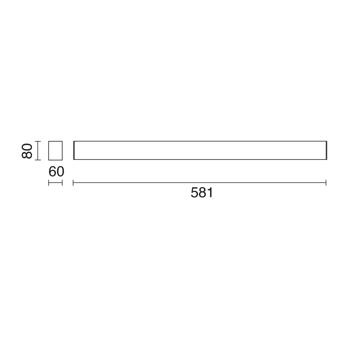 Schéma technique coté : longueur 581 mm, largeur 60 mm et hauteur 80 mm