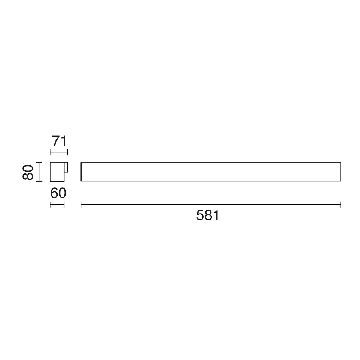 Schéma technique coté : largeur 71 mm, hauteur 80 mm et longueur 581 mm.