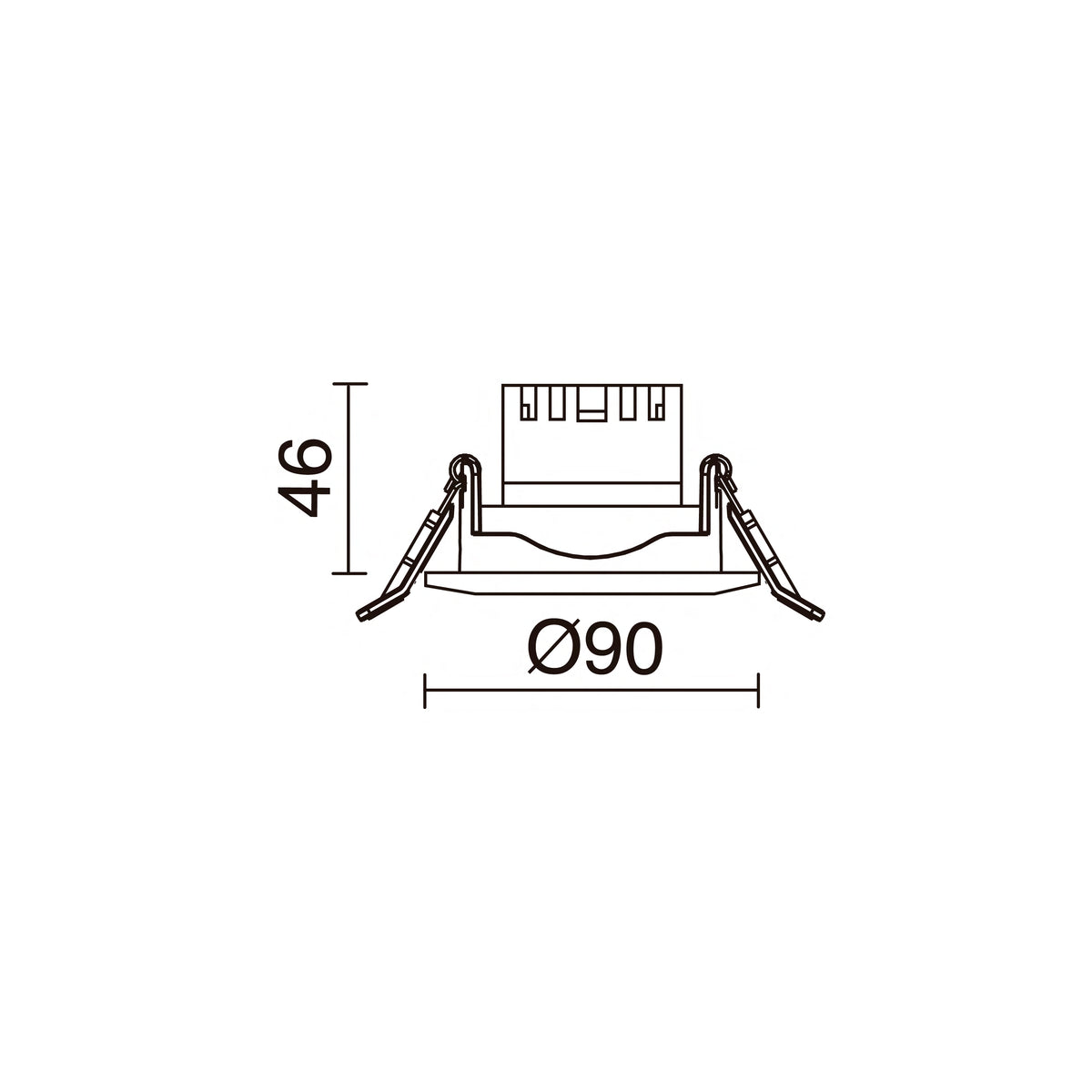 Schéma de dimensions du spot rond indiquant 90 mm de diamètre et 46 mm de hauteur.