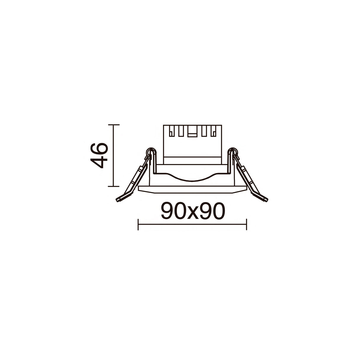 Schéma de dimensions du spot carré 90 x 90 mm et hauteur 46 mm.