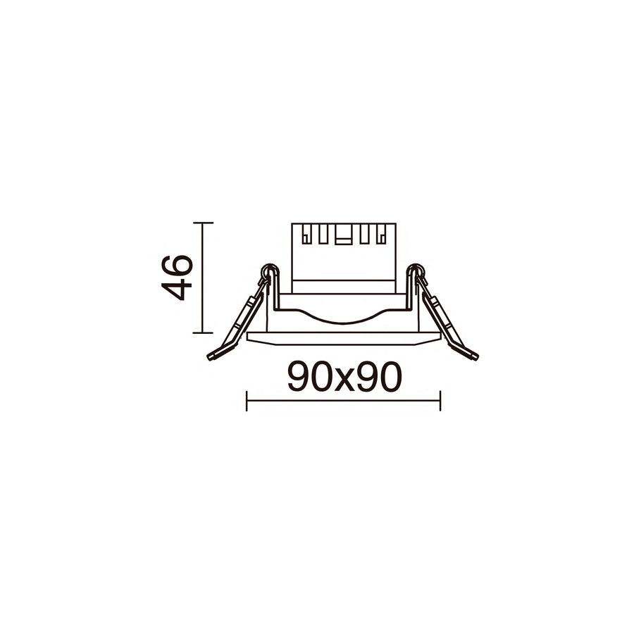 Schéma technique du spot indiquant une base carrée 90x90 mm et 46 mm de haut