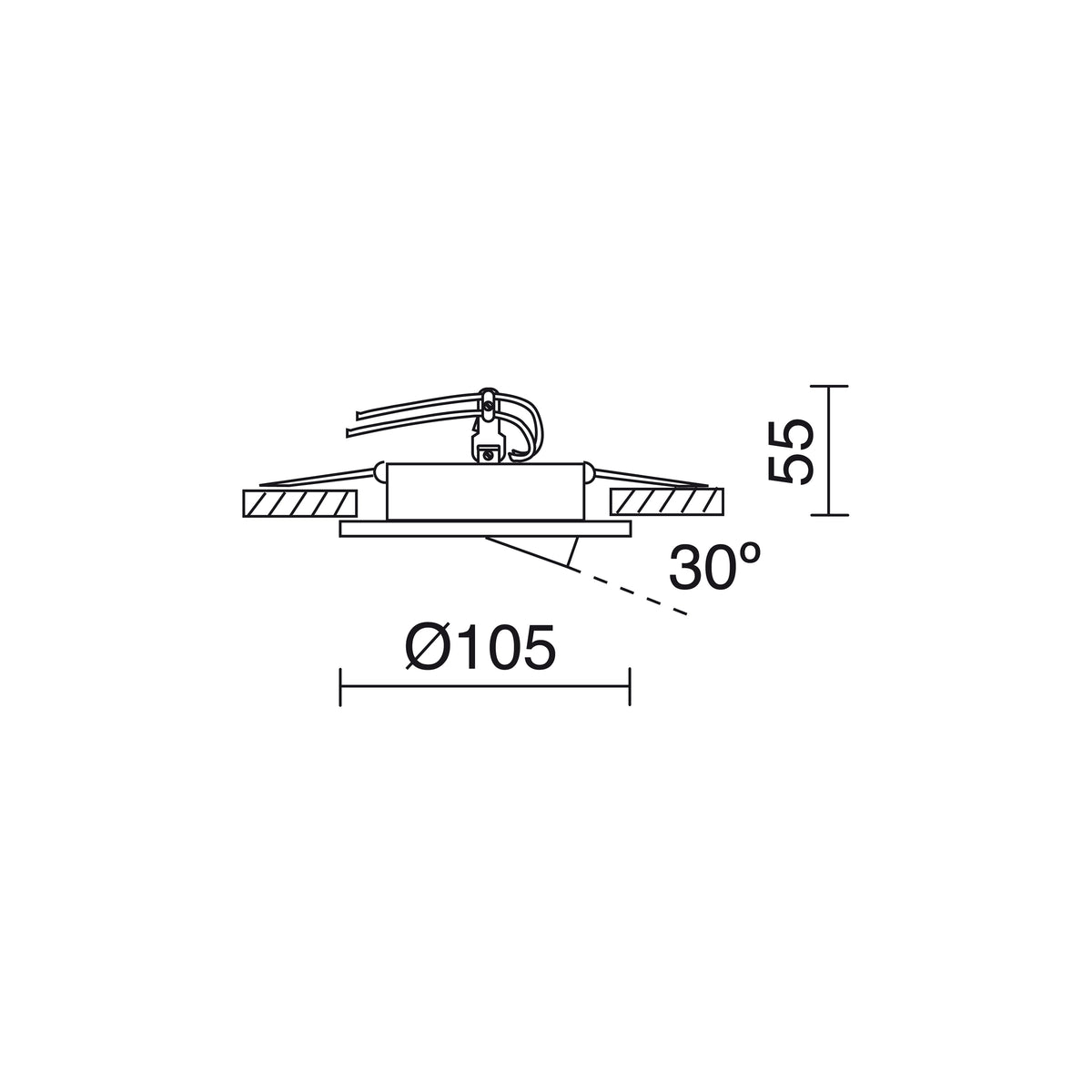 Schéma technique coté : diamètre 105 mm, hauteur 55 mm et orientation à 30 degrés.