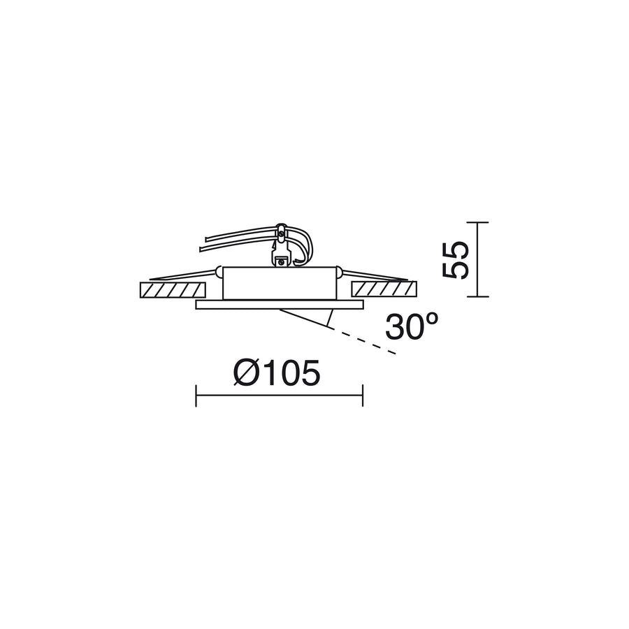 Schéma technique coté : diamètre 105 mm, hauteur 55 mm et orientation à 30 degrés.