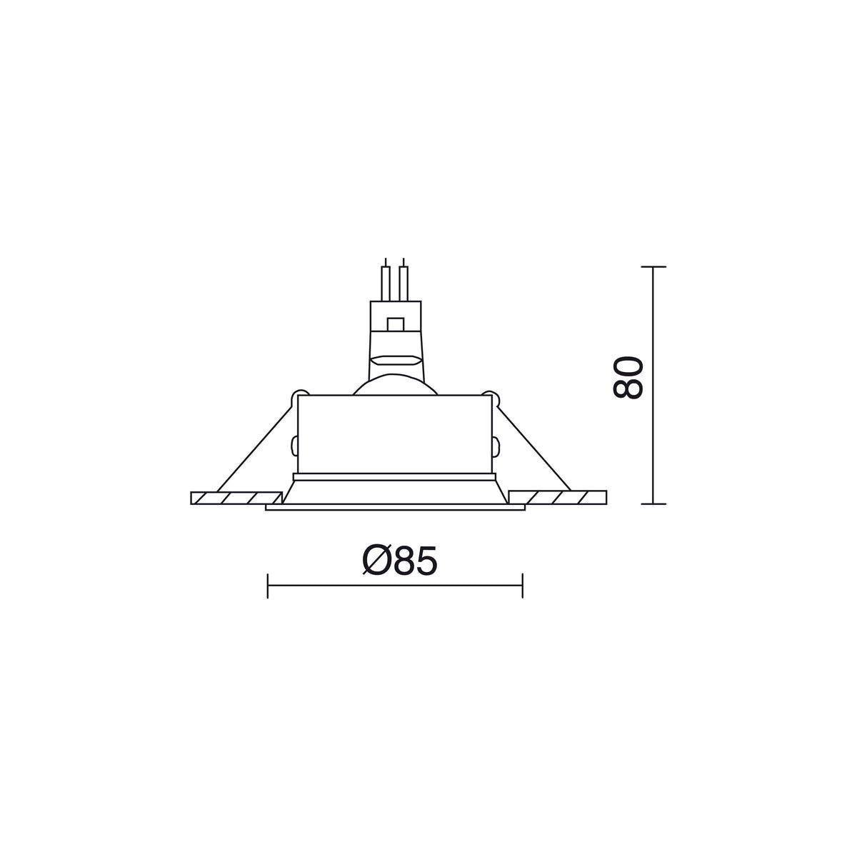 Schéma de dimensions du spot rond : diamètre 85 mm et hauteur 80 mm.