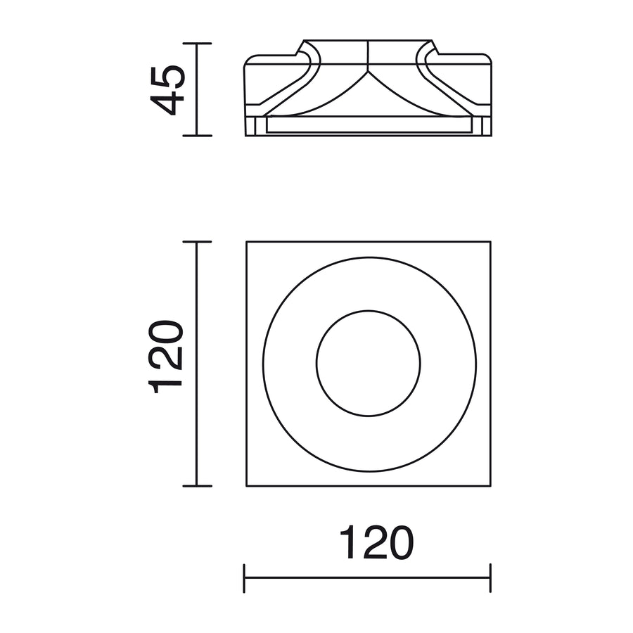 Schéma de dimensions du spot carré : 120 mm de côté et 45 mm de haut.