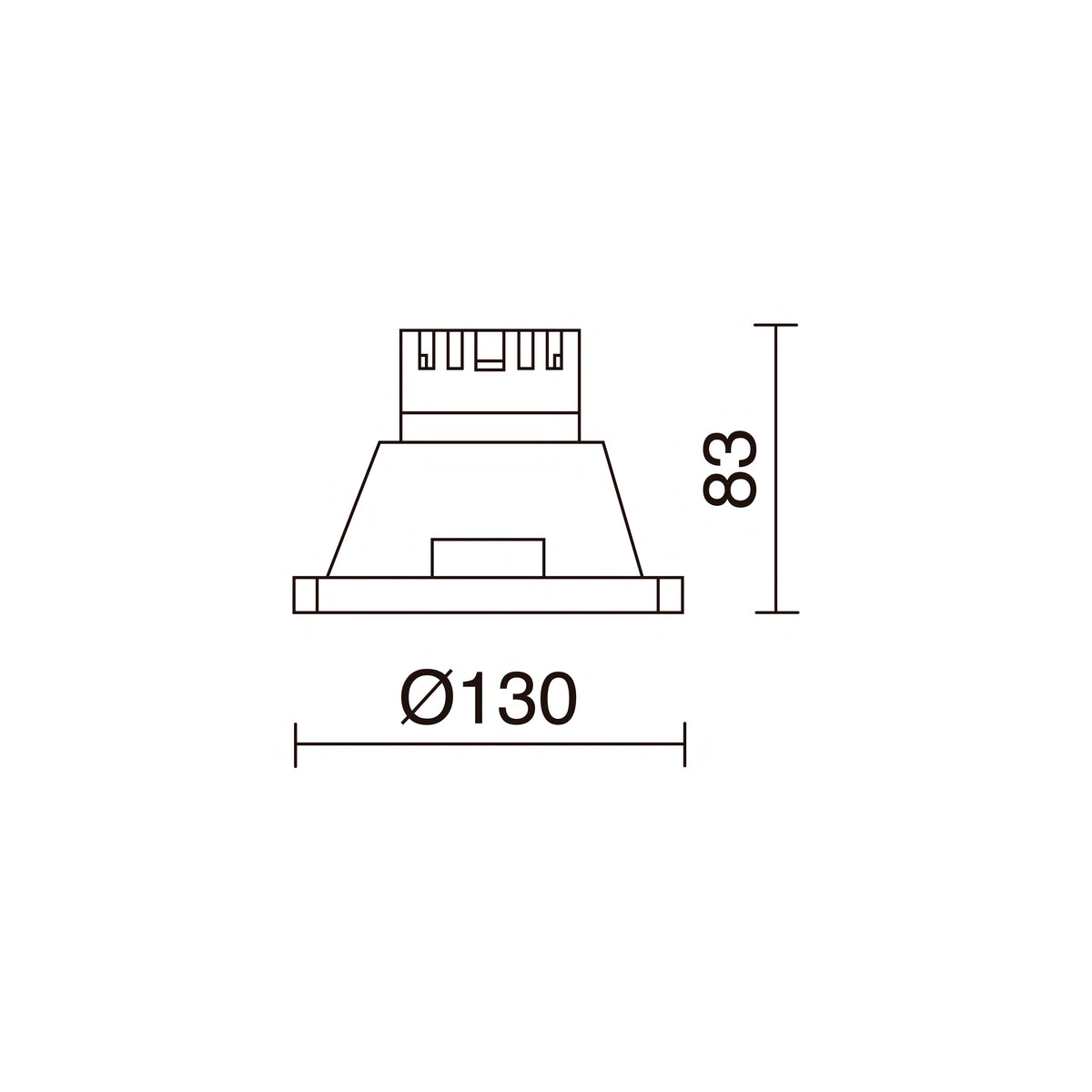 Schéma de dimensions du spot rond : diamètre 130 mm et hauteur 83 mm