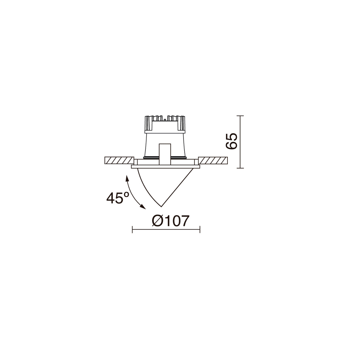 Schéma de dimensions du spot rond avec Ø107 mm et inclinaison 45°