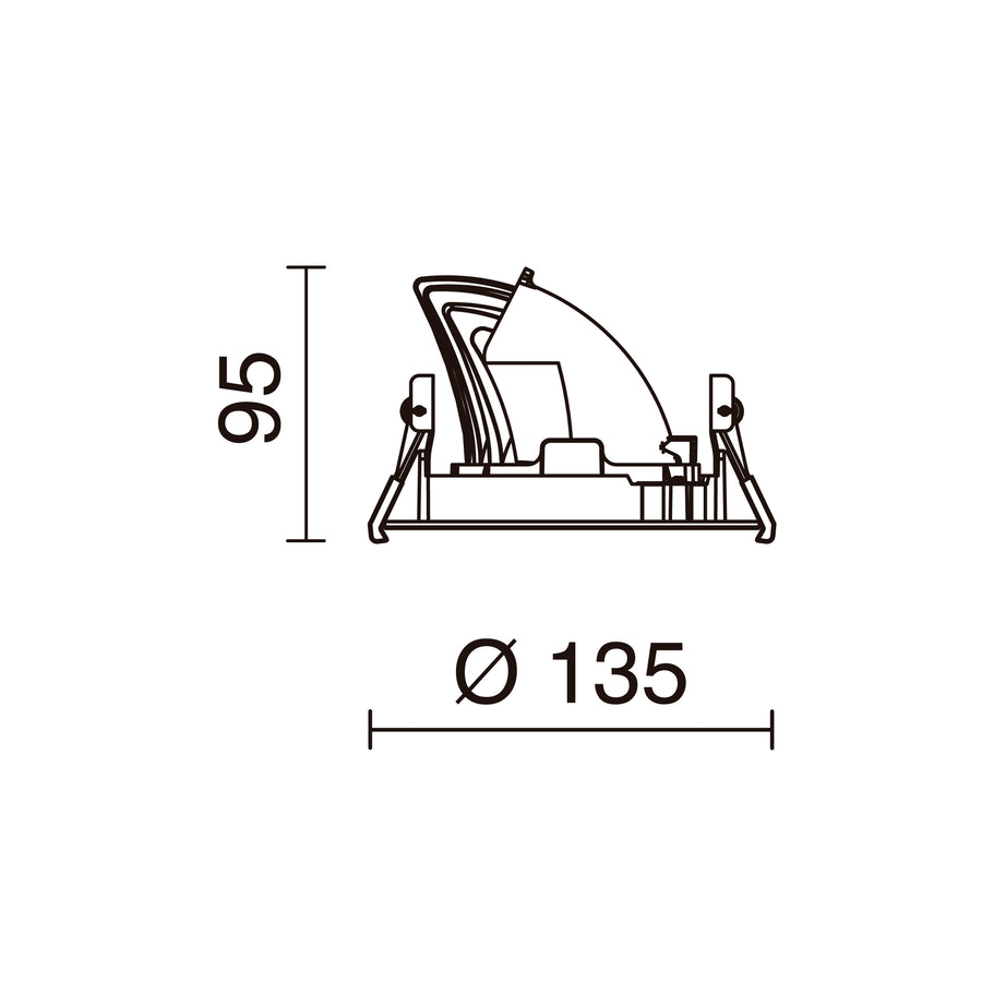 Schéma technique coté : diamètre 135 mm et hauteur 95 mm du spot.