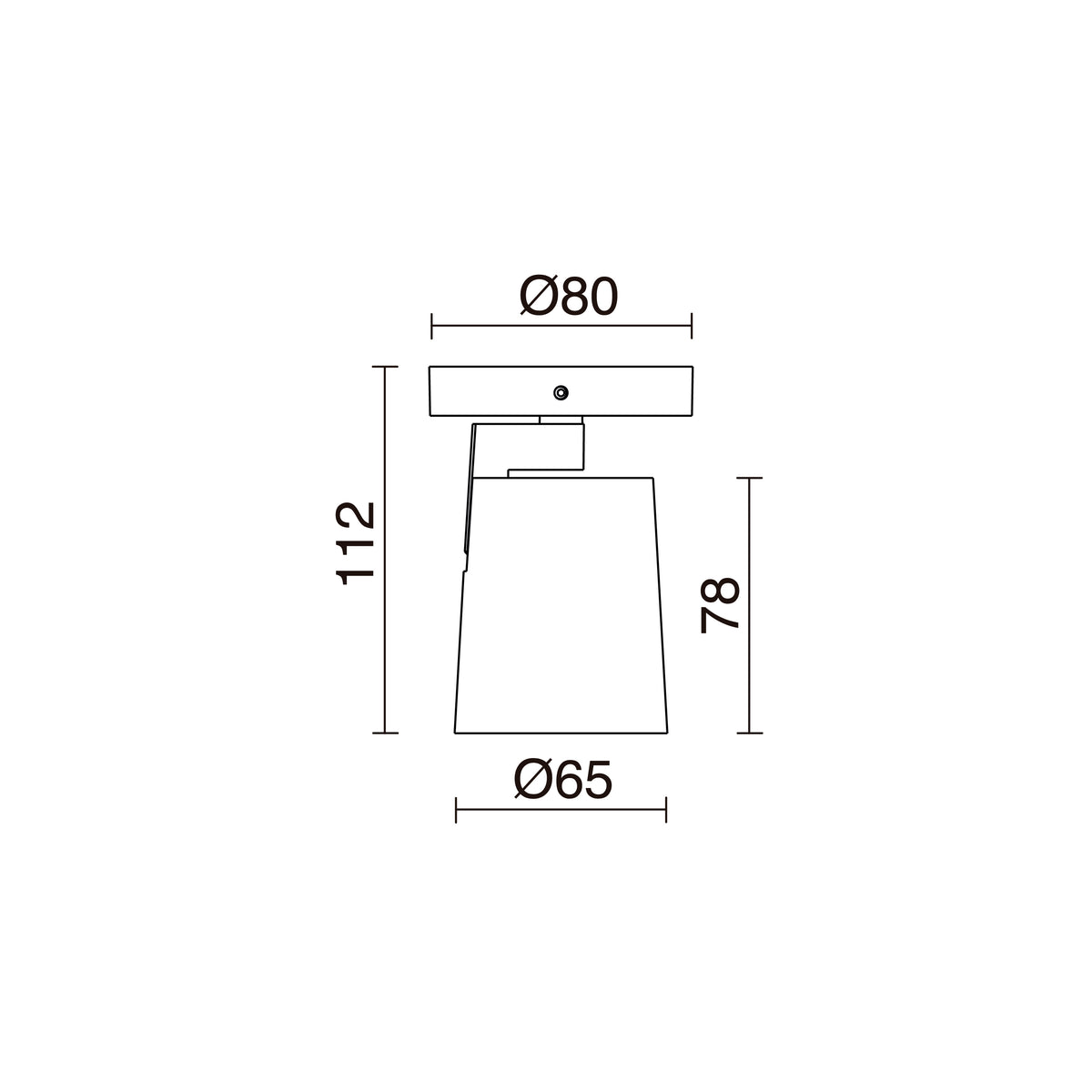 Schéma de dimensions du spot : embase Ø80 mm, hauteur 112 mm et tête Ø65 mm.