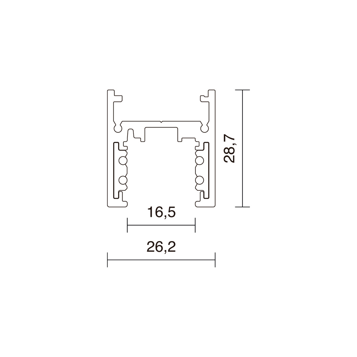 Schéma coté de la section du rail, dimensions 26,2 et 28,7 mm.