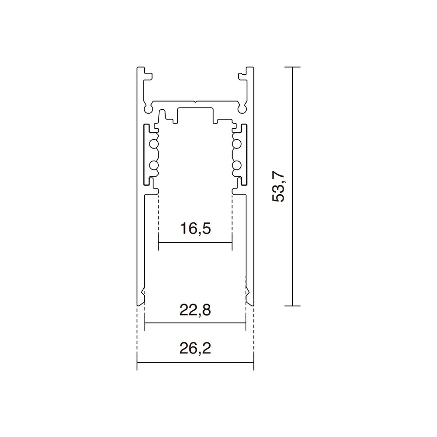 Schéma technique de la section du rail avec cotes 26,2 et 53,7 mm.