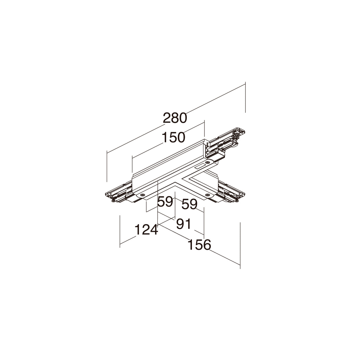 Schéma technique coté de la jonction en T, avec dimensions en millimètres et vue isométrique.