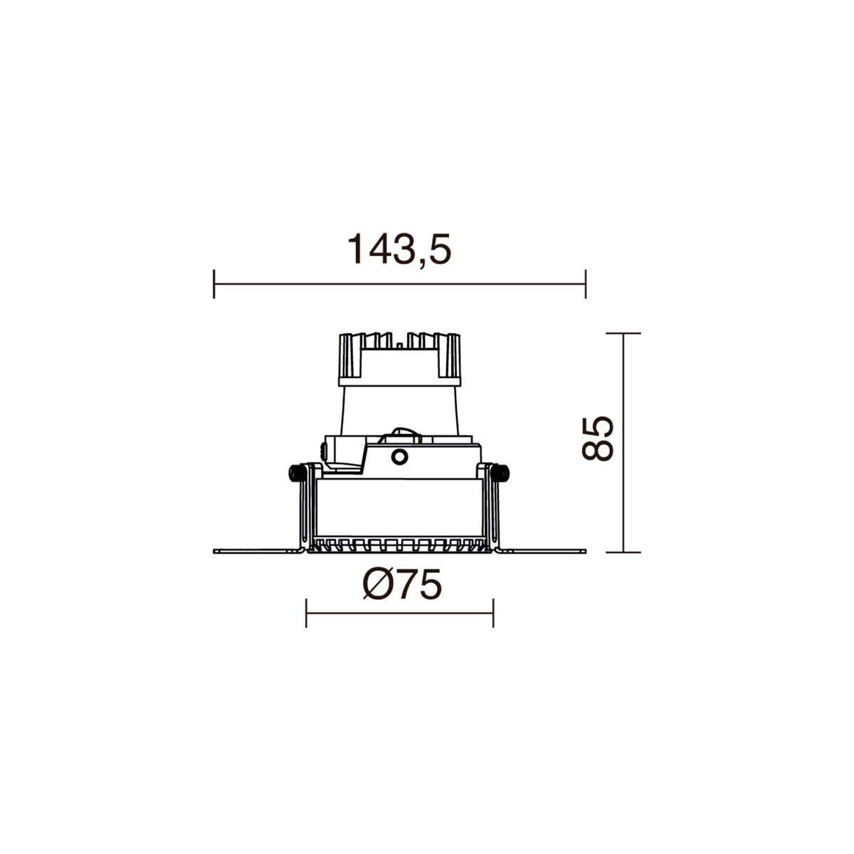 Schéma coté du spot encastrable : diamètre 75 mm, hauteur 85 mm et largeur 143,5 mm.