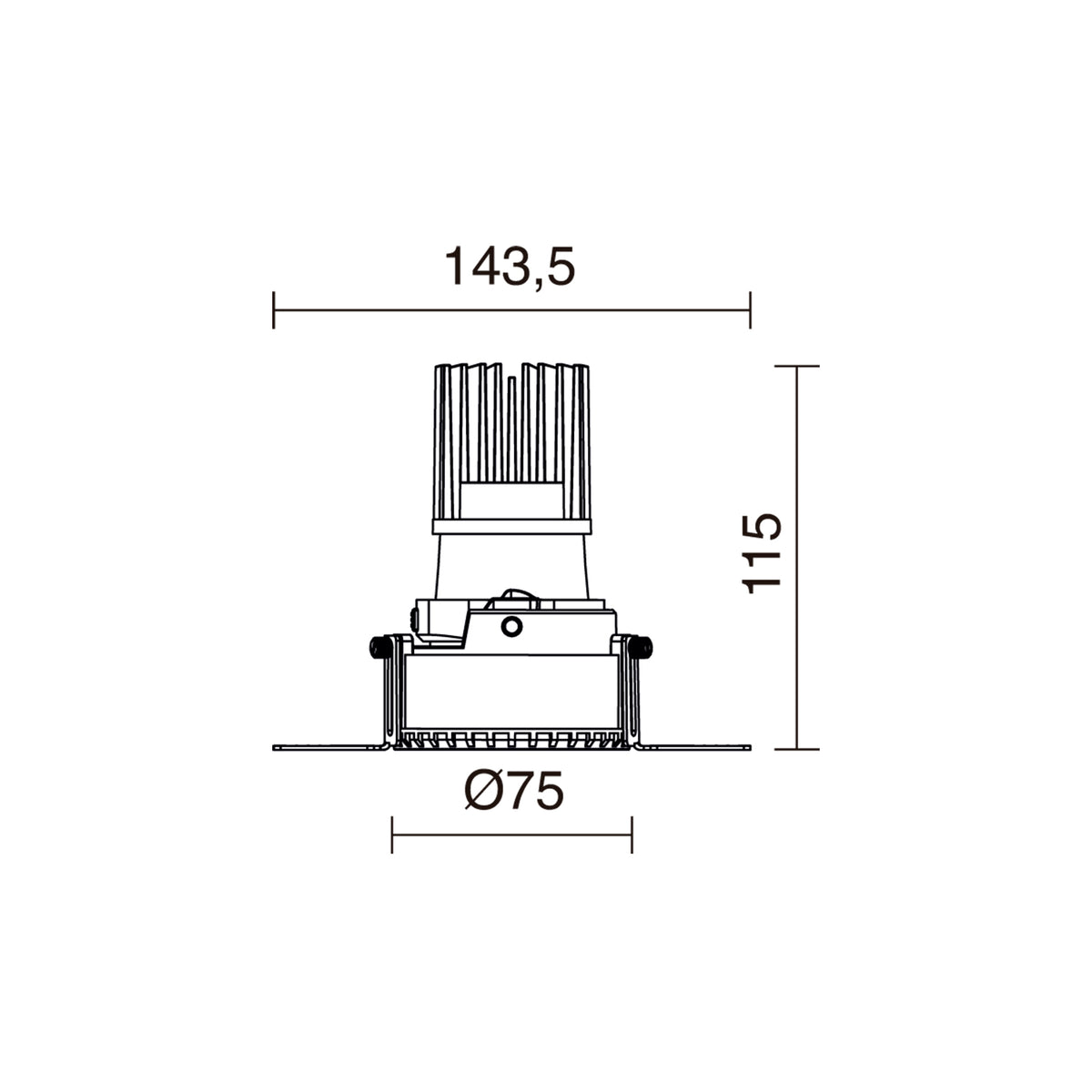 Schéma de dimensions du spot encastrable, diamètre 75 mm et hauteur 115 mm.