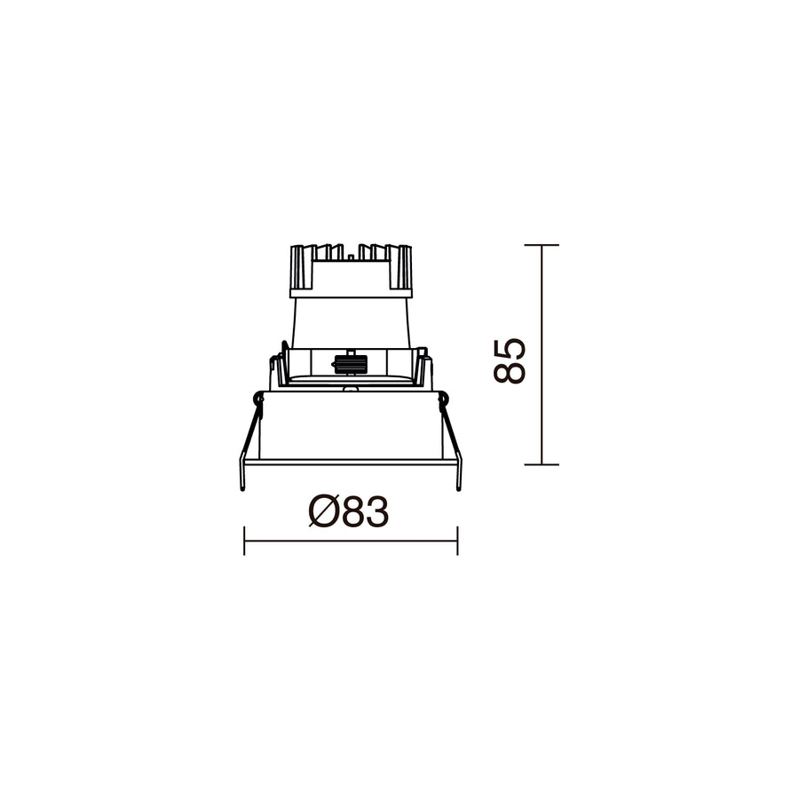 Schéma de dimensions du spot encastrable : diamètre 83 mm et hauteur 85 mm.