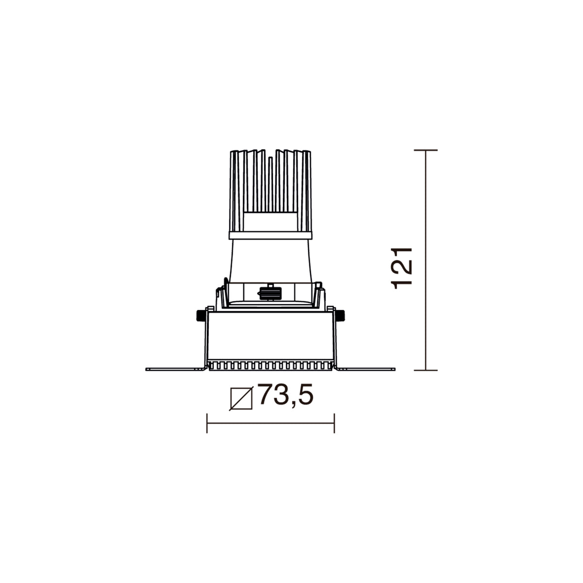 Schéma technique coté du spot carré, dimensions 73,5 mm et hauteur 121 mm