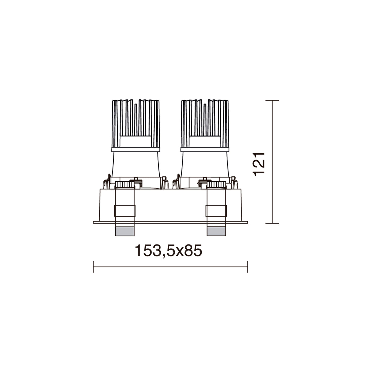 Plan coté du spot double avec largeur 153,5 x 85 mm et hauteur 121 mm.