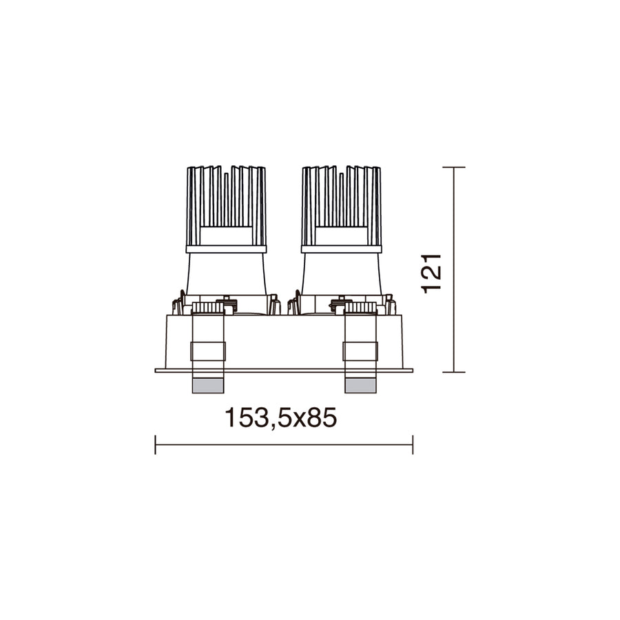 Schéma technique du spot double avec cotes 153,5 x 85 mm et hauteur 121 mm