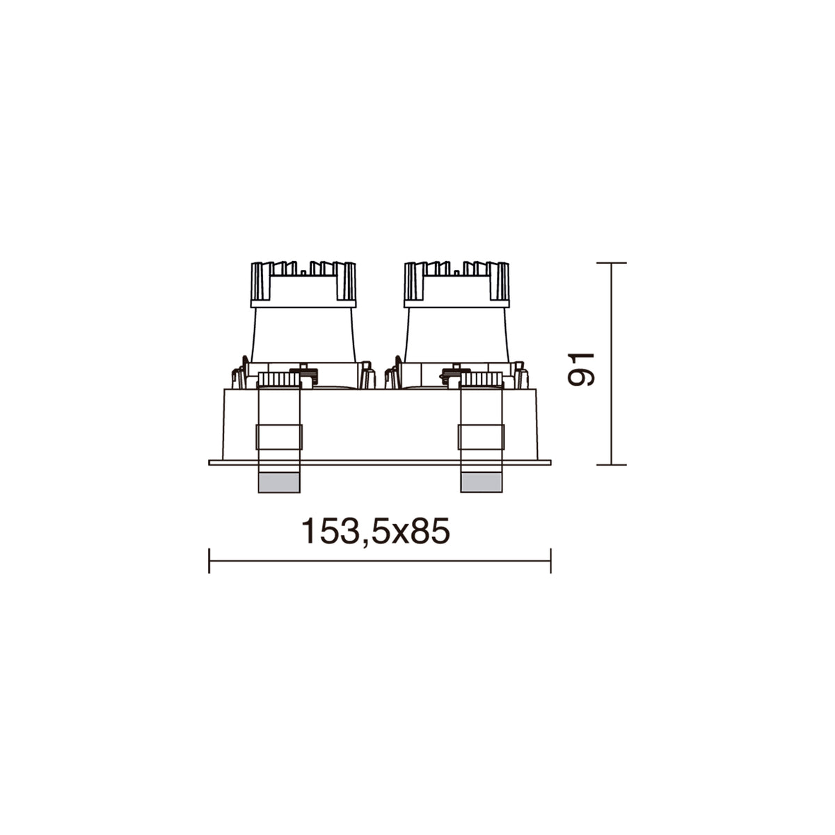 Schéma de dimensions du luminaire double : 153,5 x 85 mm, hauteur 91 mm.