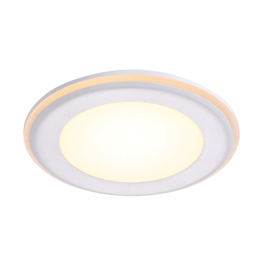 Perspective du spot allumé révélant la surface diffusante et le cerclage beige