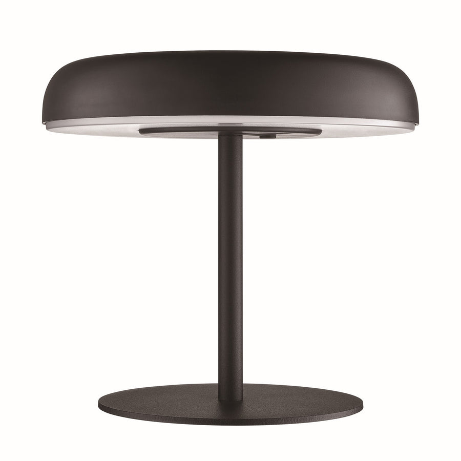 Profil du luminaire montrant le pied central et la base ronde