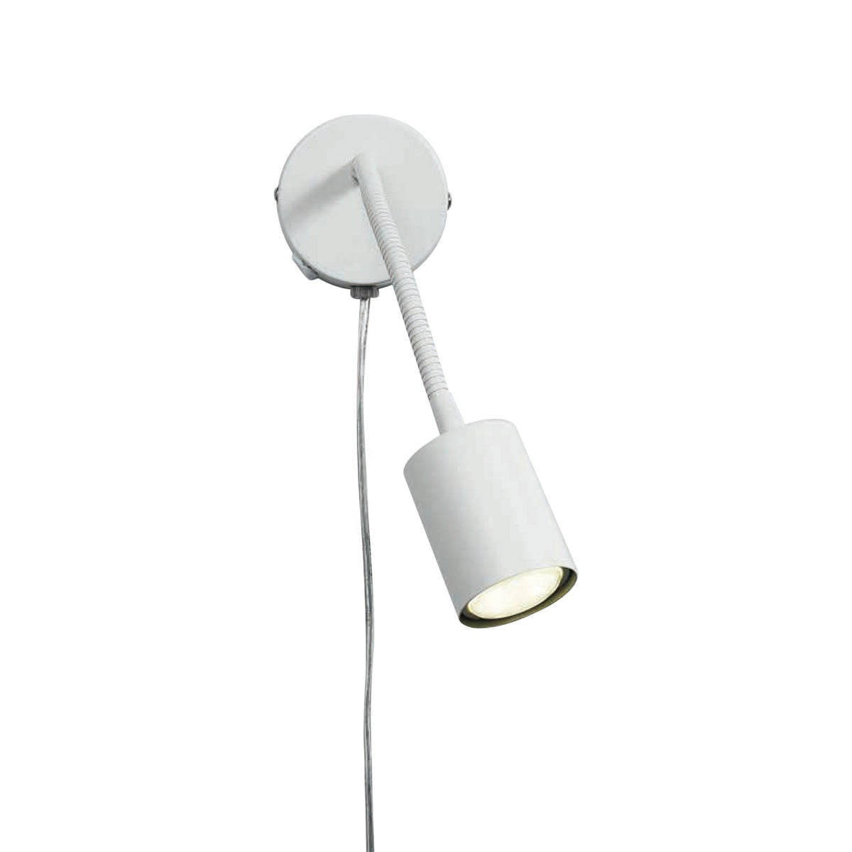 Détail de la tête cylindrique blanche allumée, orientée vers le bas, ampoule visible