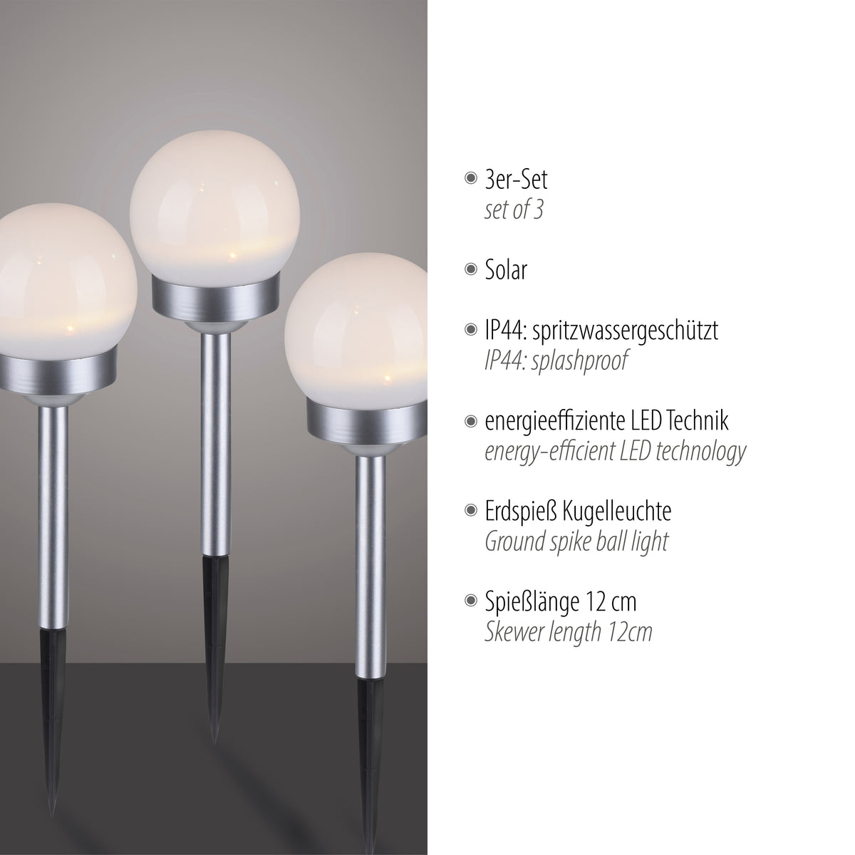 Visuel technique listant set de trois, solaire, IP44, LED et longueur de piquet douze centimètres