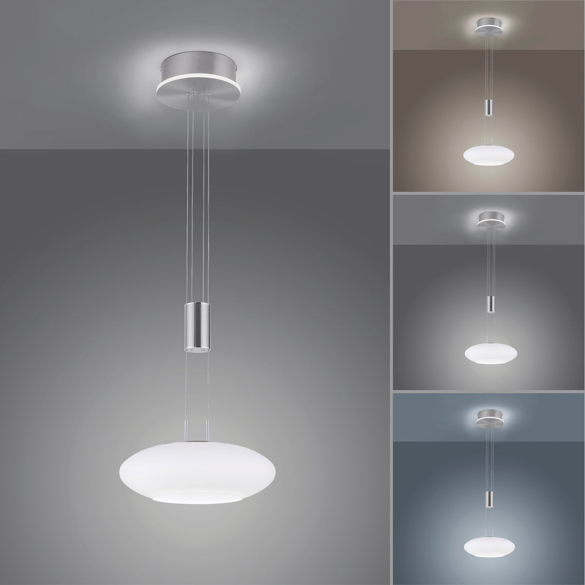 Suspension montrant plusieurs températures de couleur et ambiance lumineuse variable en médaillons