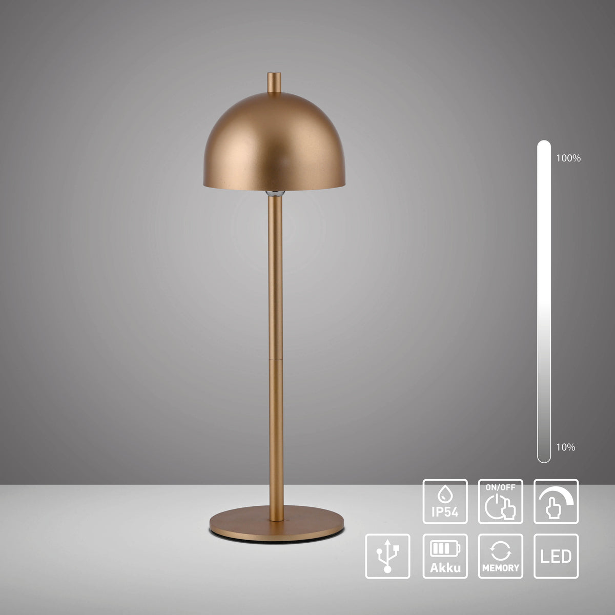 Vue produit avec pictogrammes IP54, batterie Akku, variateur tactile et mémoire de 10 à 100%