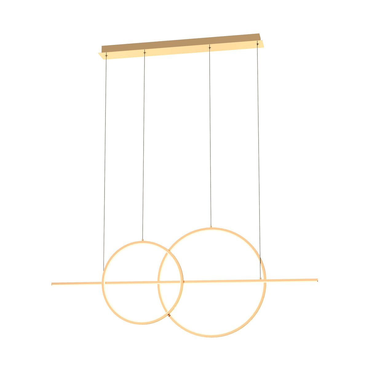 Suspension dorée sur fond blanc, anneaux entrelacés et barre horizontale fine