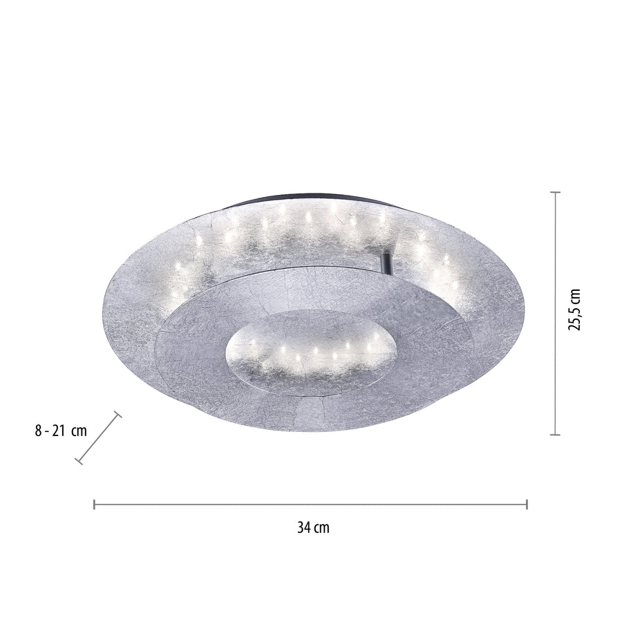 Schéma coté du plafonnier indiquant 34 cm de large et 8 à 21 cm de hauteur