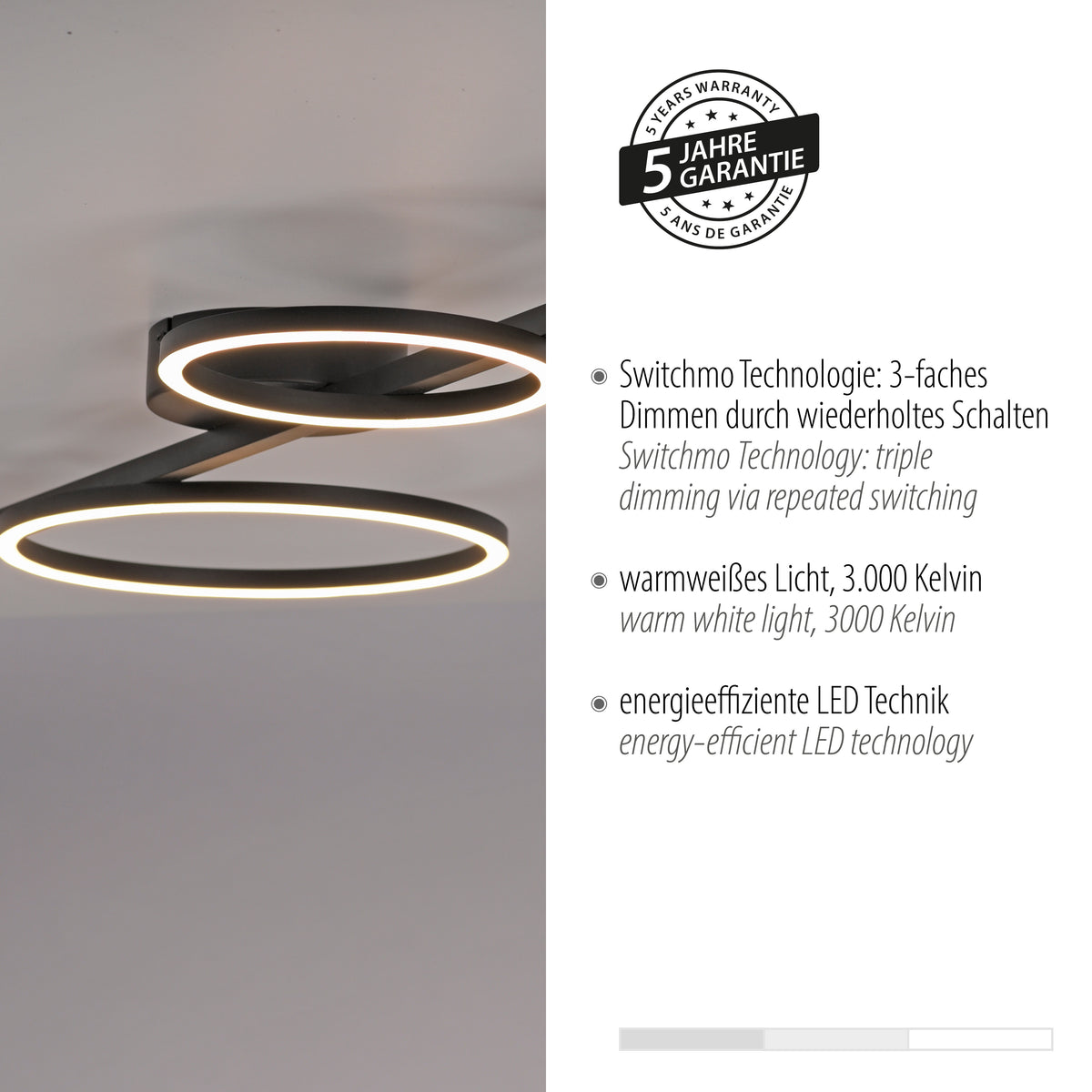 Gros plan sur le luminaire avec badge de garantie et caractéristiques techniques en plusieurs langues.
