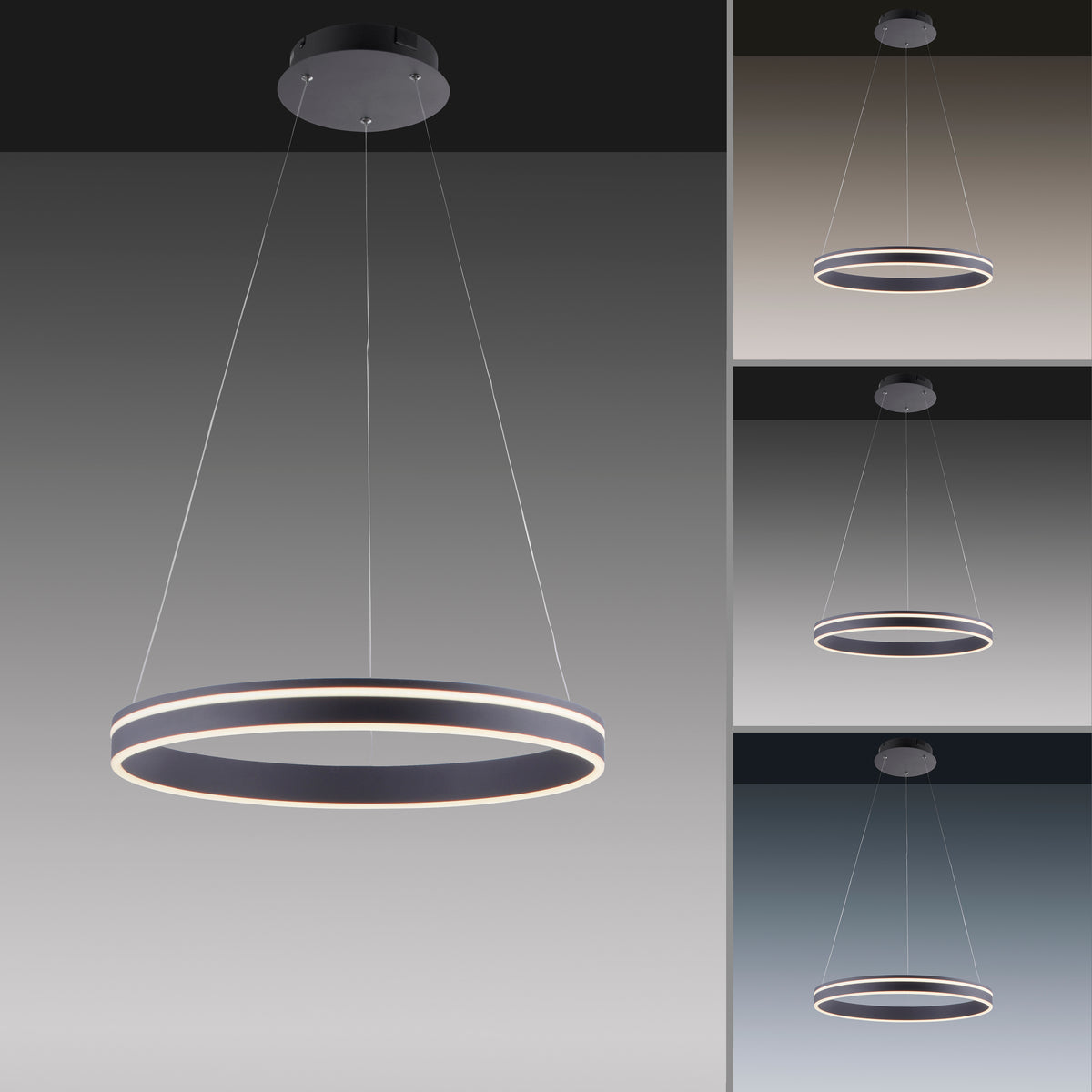 Plusieurs vues de la suspension illustrant différents réglages de couleur et d'intensité.