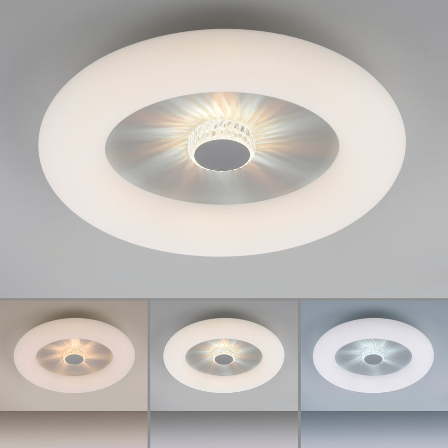 Vue de face et trois températures de couleur, plafonnier blanc rond.