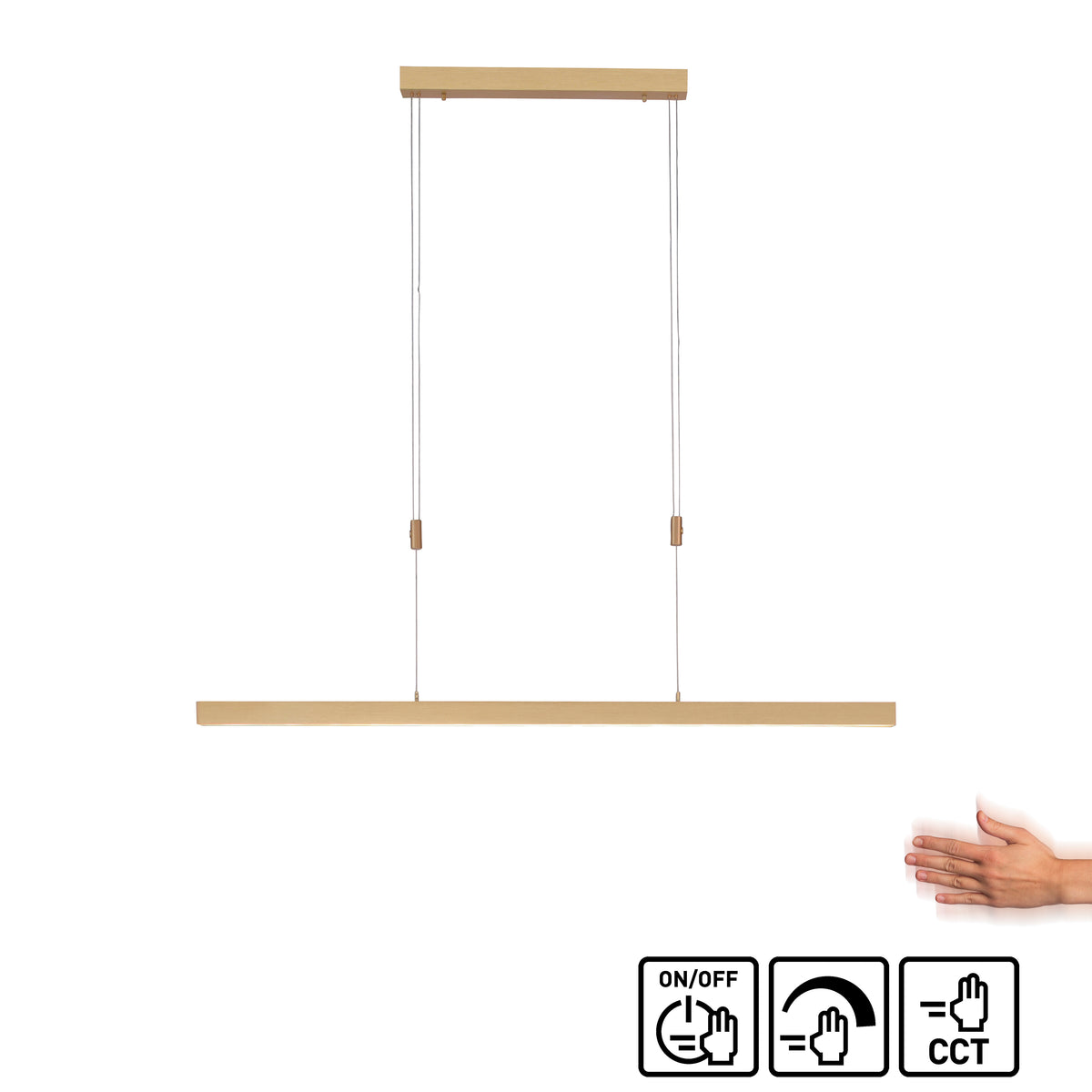 Vue sur fond blanc avec pictogrammes tactiles et main, montrant la barre et ses fonctions.