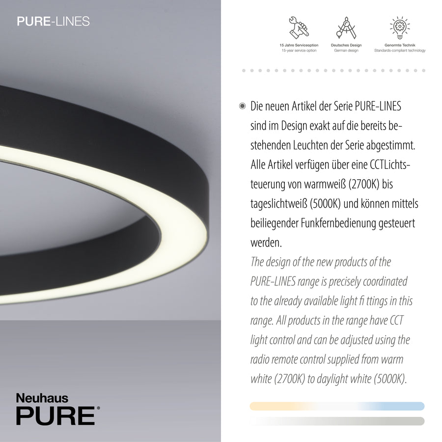 Gros plan sur la finition anthracite et le bandeau lumineux, avec textes techniques allemand et anglais.