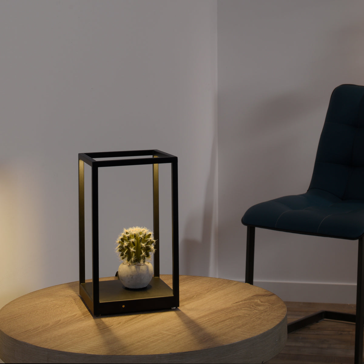 Mise en ambiance sur table en bois avec cactus placé dans la lampe.