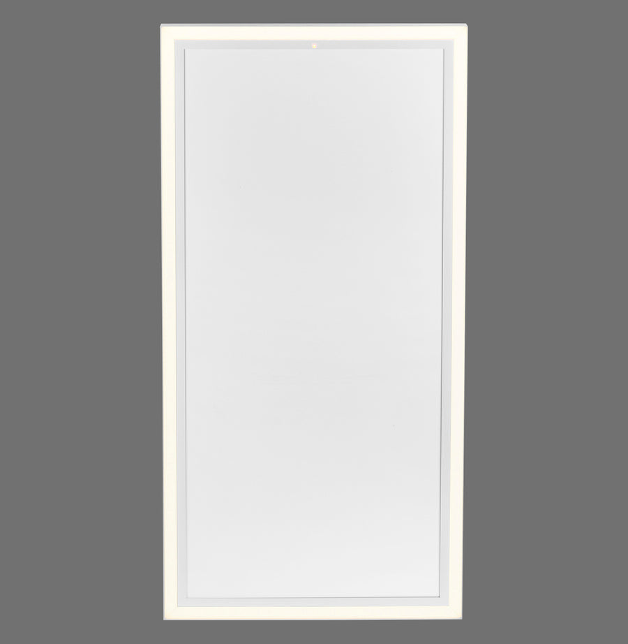 Panneau chauffant mural blanc rectangulaire, cadre lumineux allumé, vu de face sur fond gris.