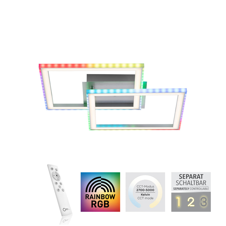 Vue du luminaire avec sa télécommande et les pictogrammes Rainbow RGB, CCT et contrôle séparé.